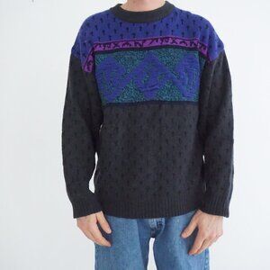 Vintage Kinetixx Black Purple Knit Sweater Retro Geometric Eclectic Grandpa L